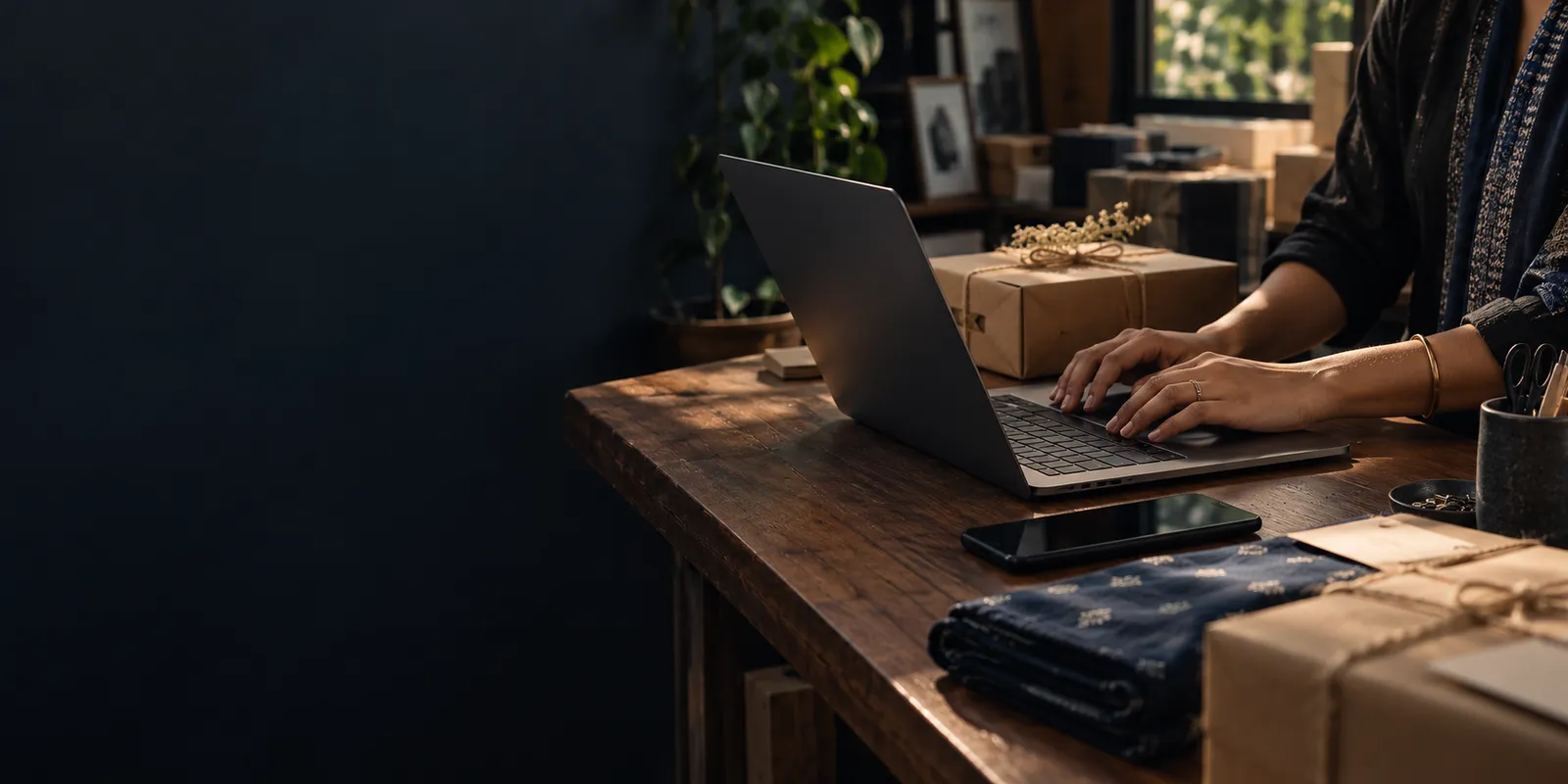 A small business owner working on a laptop beside packed orders